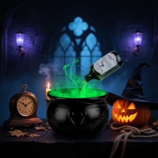 Floating potion bottle above a witch cauldron with green mist and light