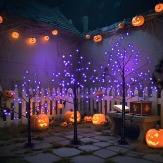 Set of three light-up black Halloween trees with purple LEDs