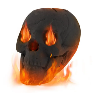 Ceramic fire pit skull with flames rising from the eyes and mouth