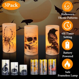 Set of three flameless Halloween candles with pumpkin and skull patterns in warm orange light