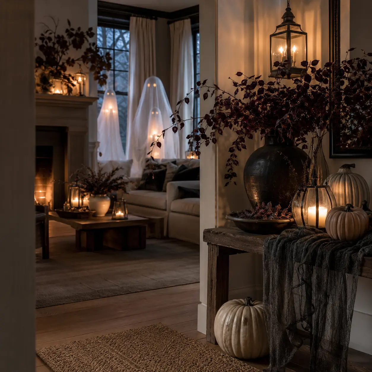 Warm, elegant Halloween living room styled in ivory, plum and amber tones