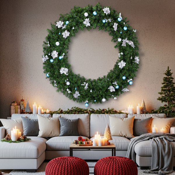 Grand Entrance 5FT pre-lit Christmas wreath with 220 LEDs hanging on a front door